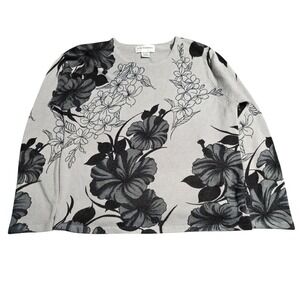 CD Petites Knit Sweater Women's Size MP Gray Black Floral Cashmere Like Acrylic